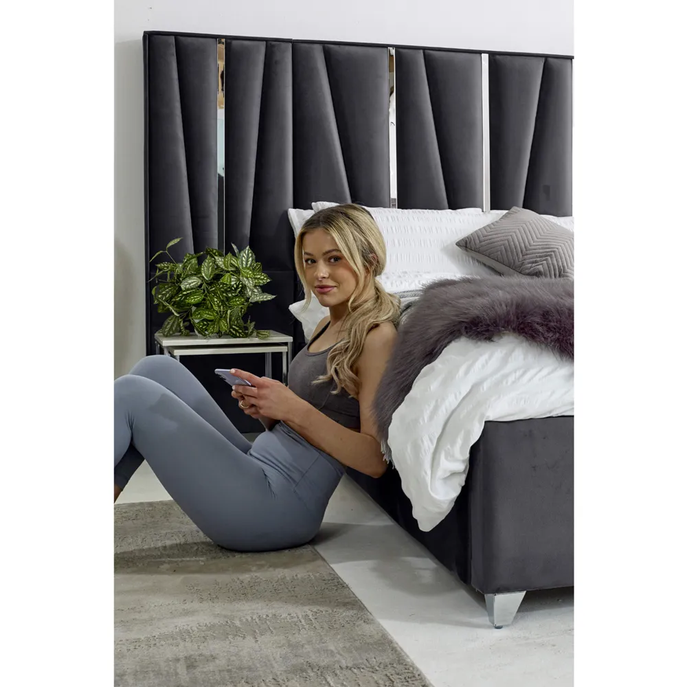 Mila Small Double Bed Frame with Lined Headboard - Grey, Velvet