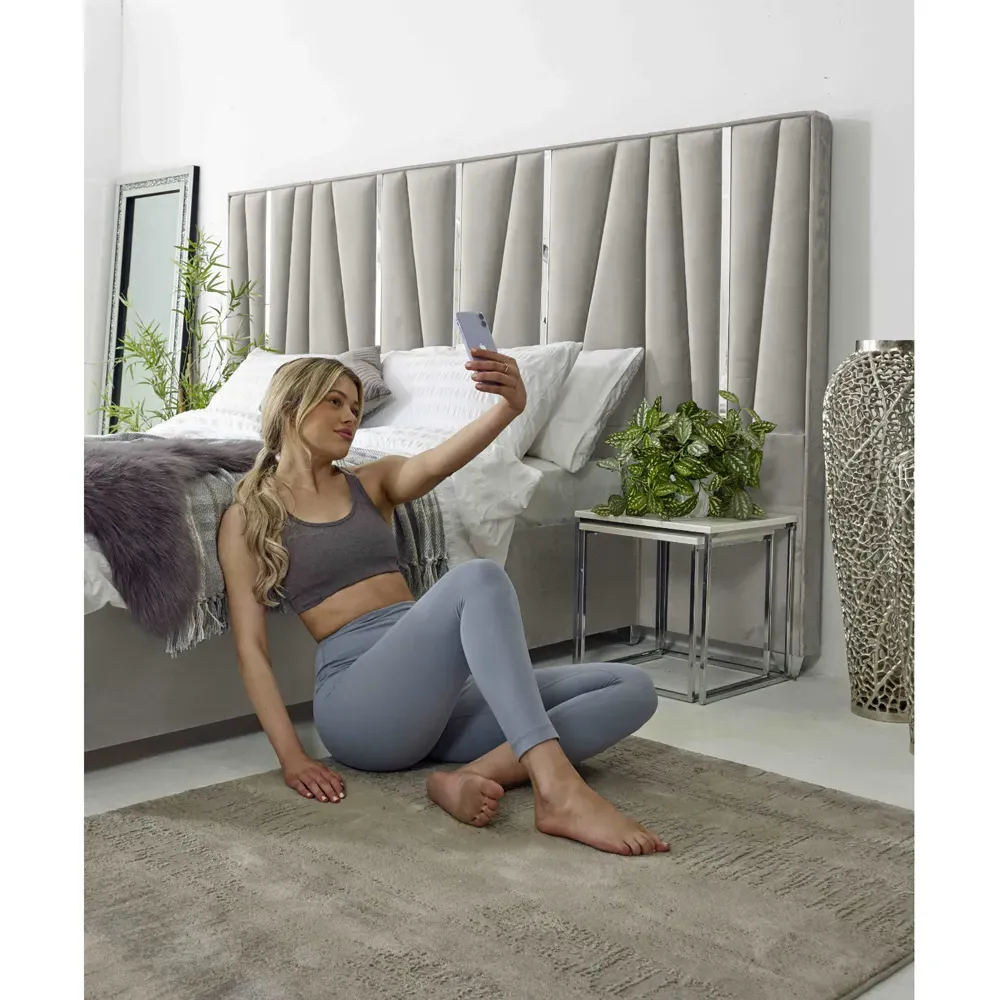 Mila Super King Size Bed Frame with Lined Headboard - Silver, Velvet