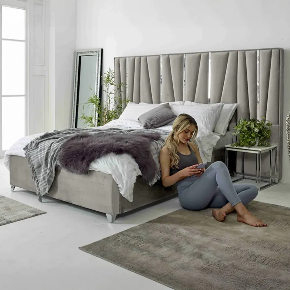 Mila Super King Size Bed Frame with Lined Headboard - Silver, Velvet