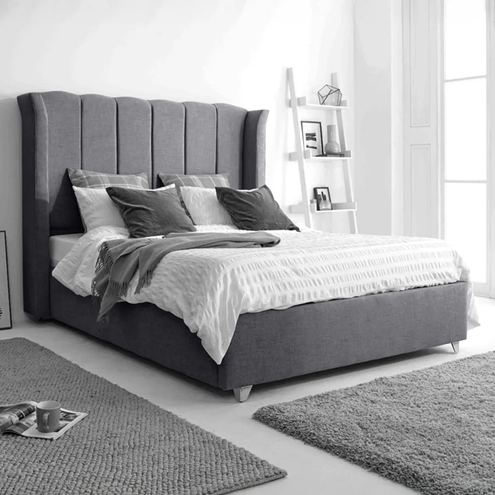 Pablo Double Bed Frame with Winged Headboard - Grey, Fabric