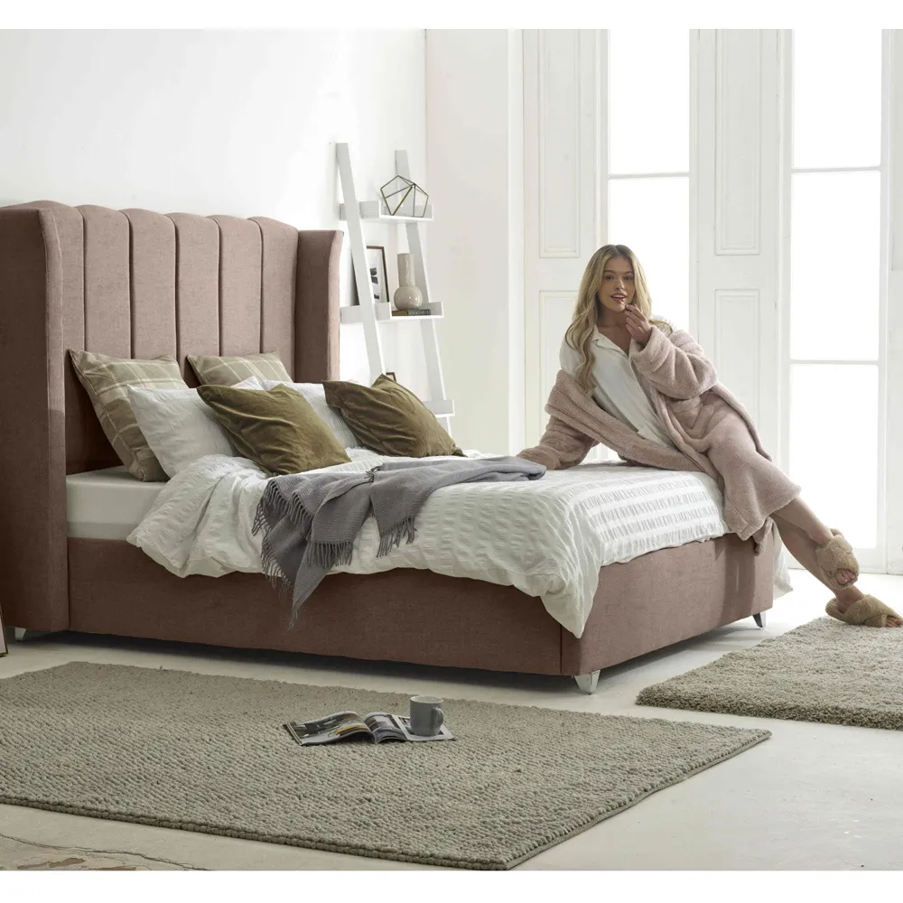 Pablo King Size Bed Frame with Winged Headboard - Cream, Fabric