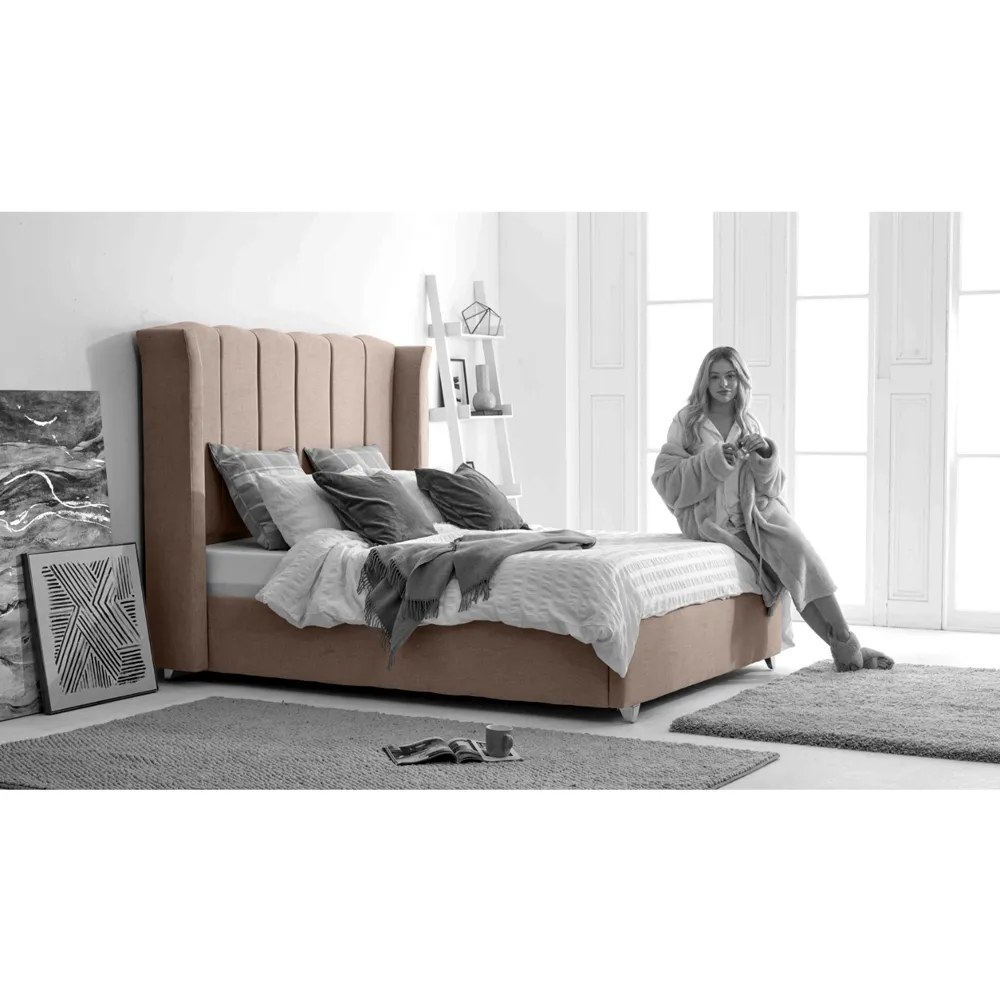 Pablo King Size Bed Frame with Winged Headboard - Cream, Fabric