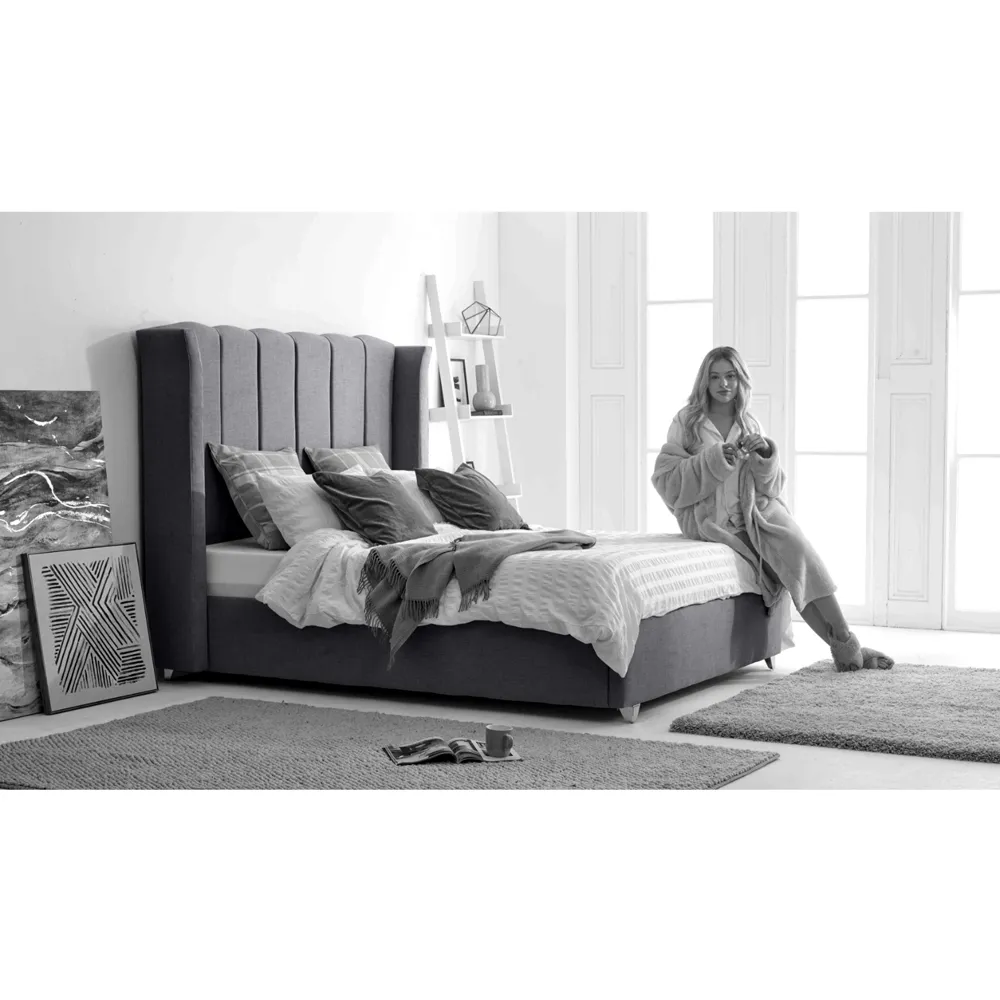 Pablo King Size Bed Frame with Winged Headboard - Grey, Fabric