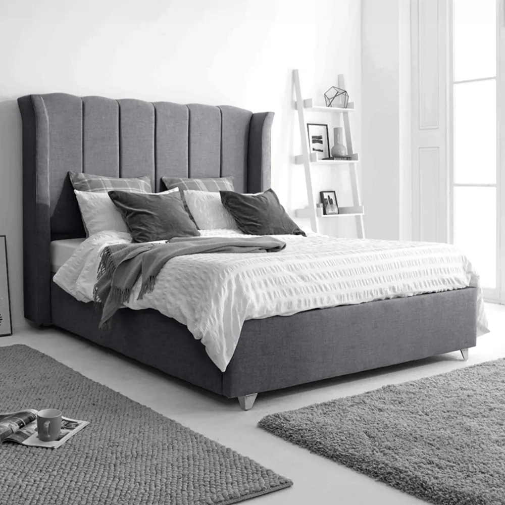 Pablo Small Double Bed Frame with Winged Headboard - Grey, Fabric