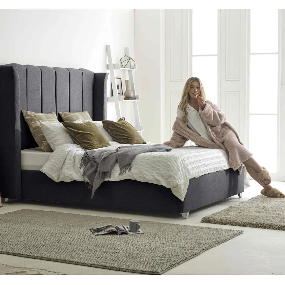 Pablo Super King Size Bed Frame with Winged Headboard - Grey, Fabric
