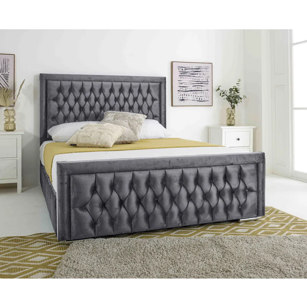 Paloma Small Double Bed Frame with Headboard - Grey, Velvet