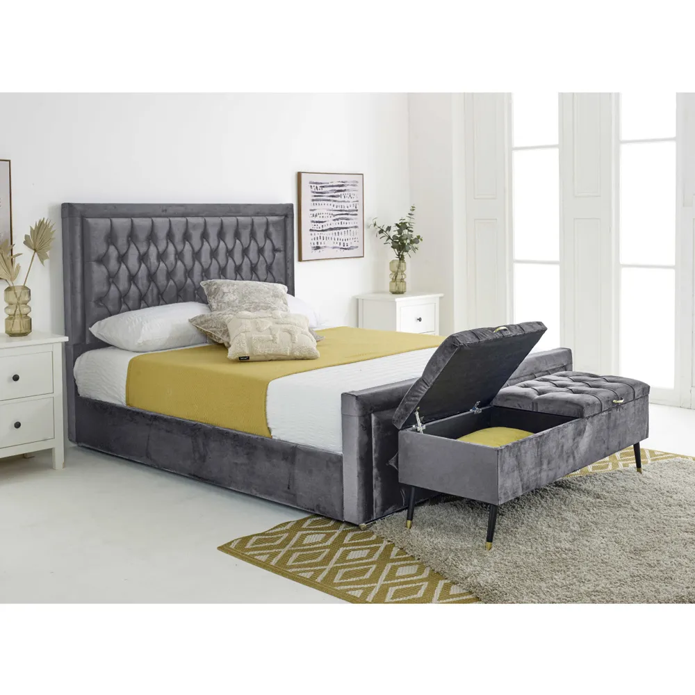 Paloma Small Double Bed Frame with Headboard - Grey, Velvet