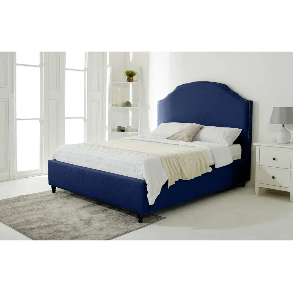 Sareen Small Double Bed Frame with Curved Headboard - Blue, Velvet