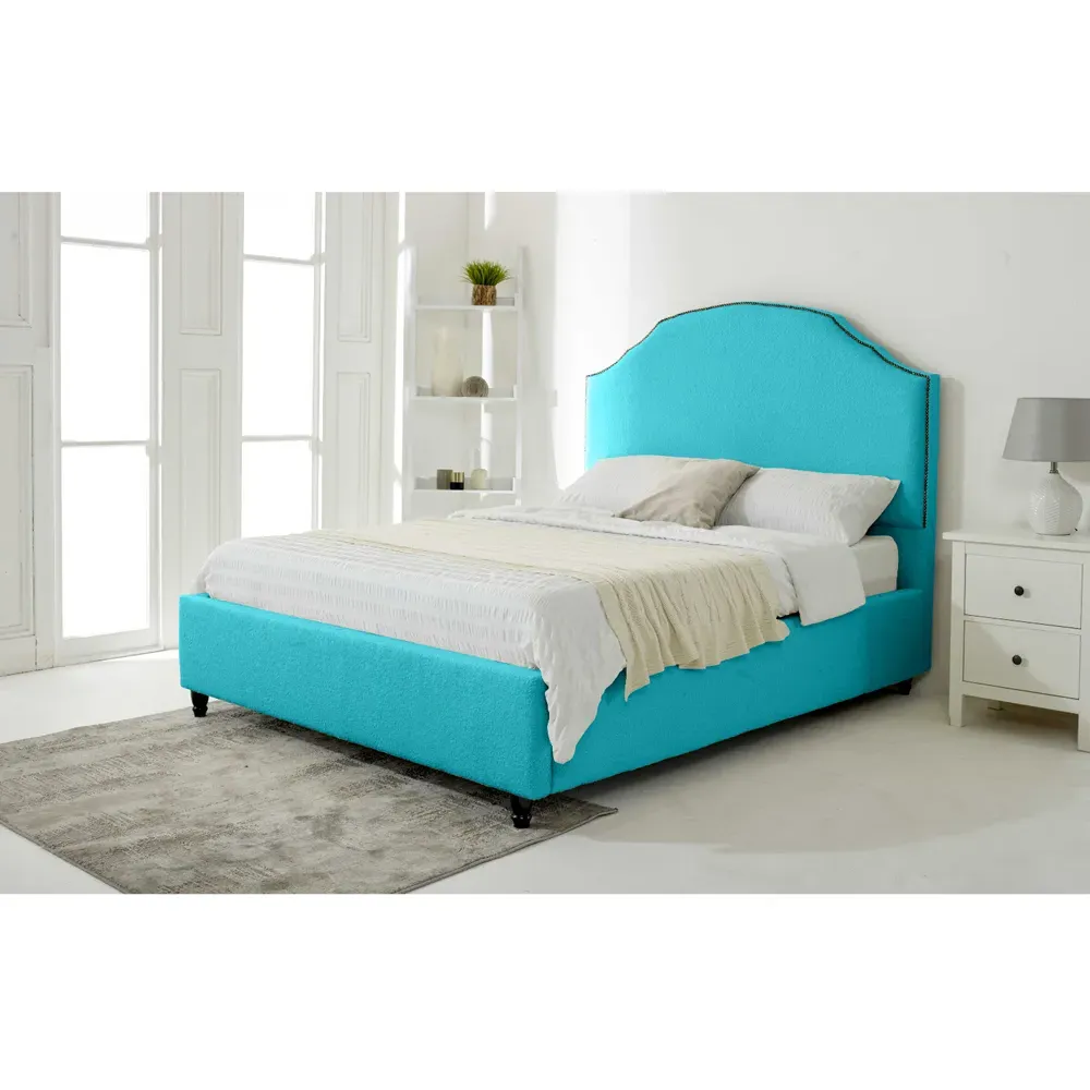 Sareen Small Double Bed Frame with Curved Headboard - Blue, Velvet