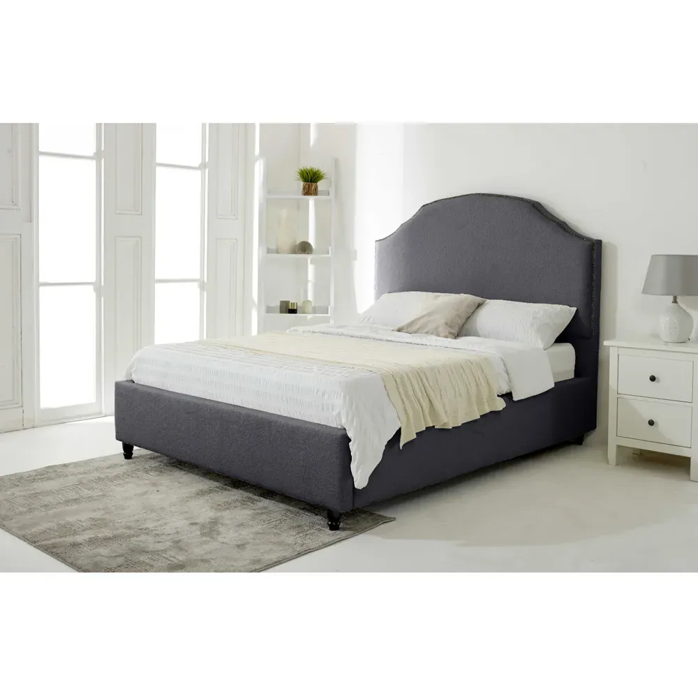 Sareen Small Double Bed Frame with Curved Headboard - Grey, Velvet