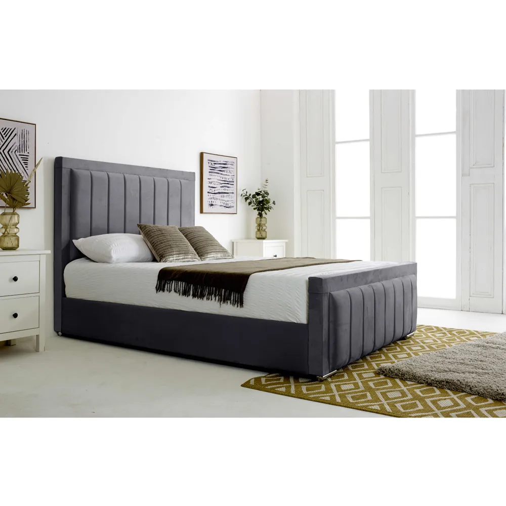 Stylus King Size Bed Frame with Lined Headboard - Grey, Velvet