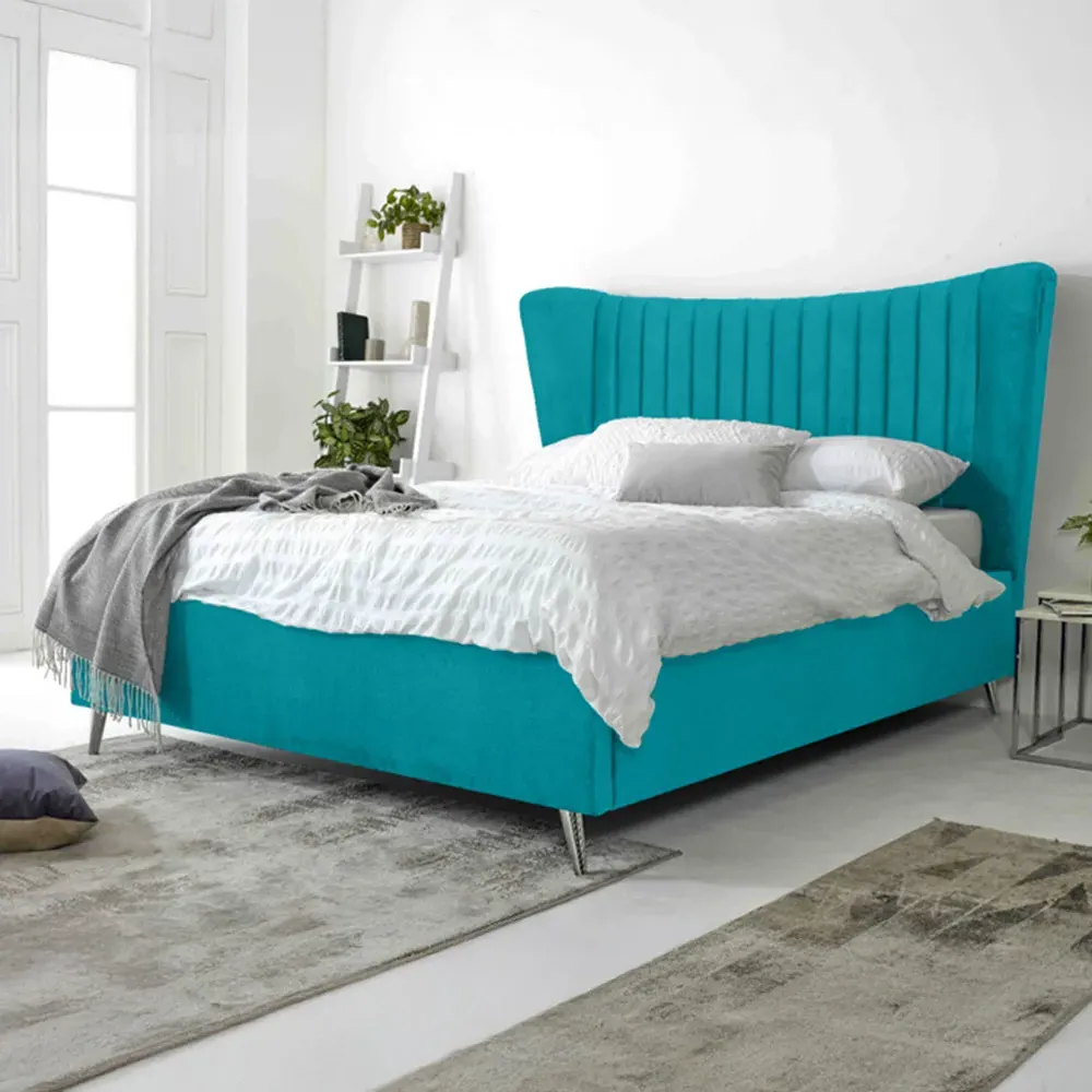 Tatum Double Bed Frame with Headboard - Blue, Velvet