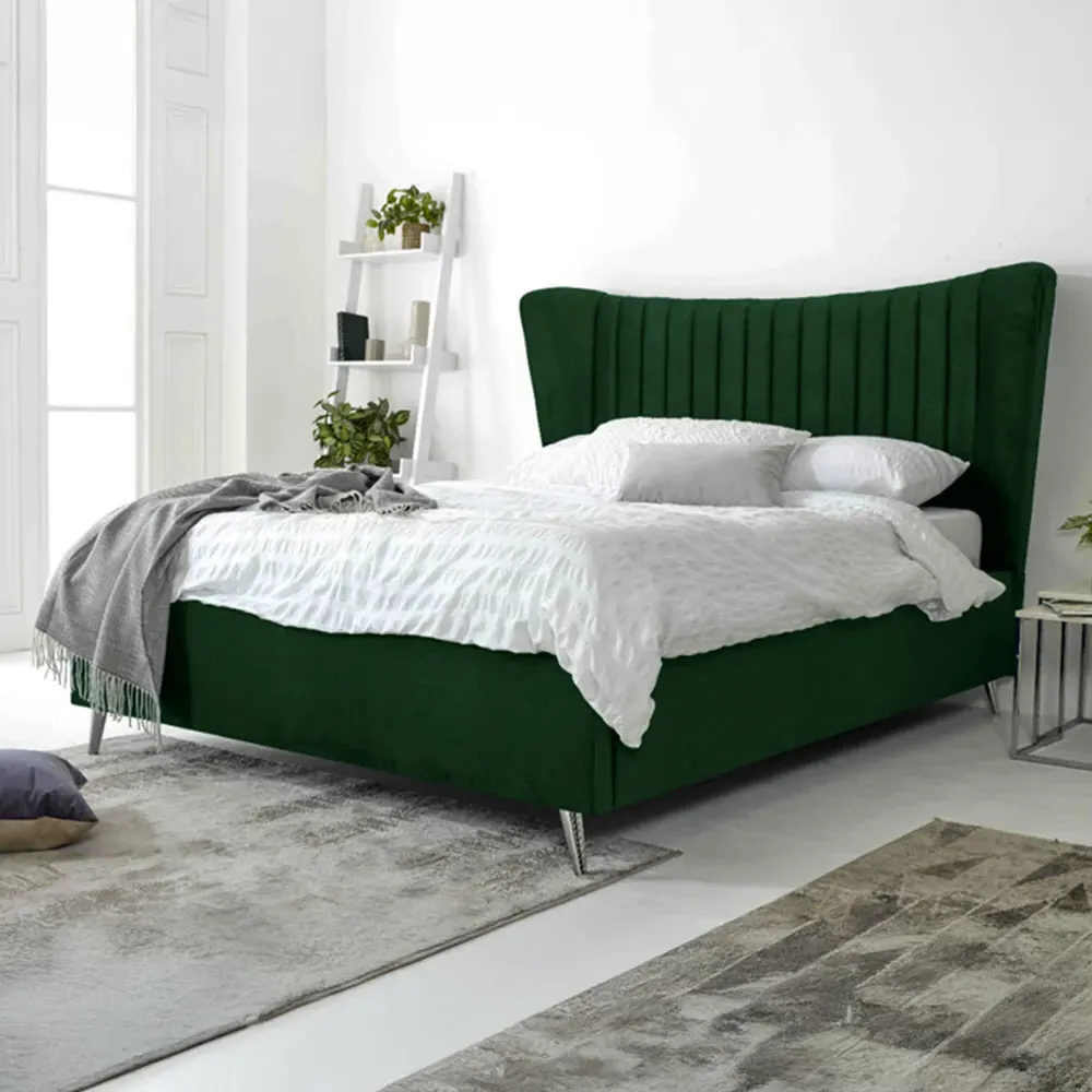 Tatum Double Bed Frame with Headboard - Green, Velvet
