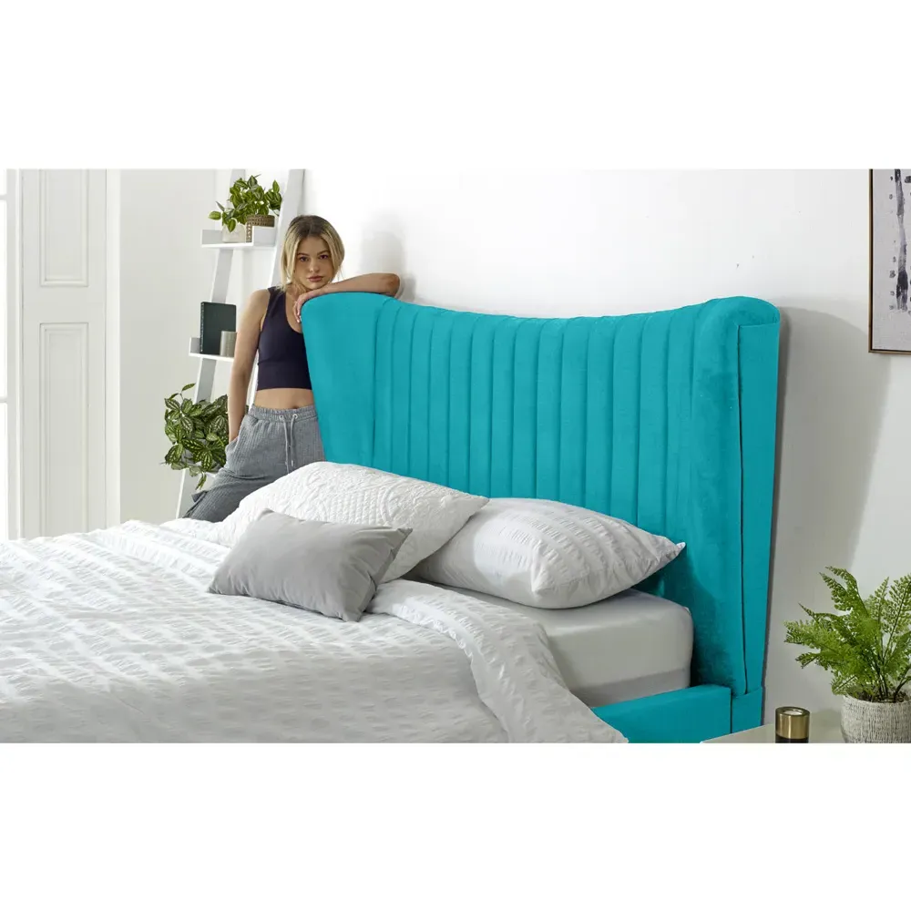 Tatum King Size Bed Frame with Headboard - Blue, Velvet
