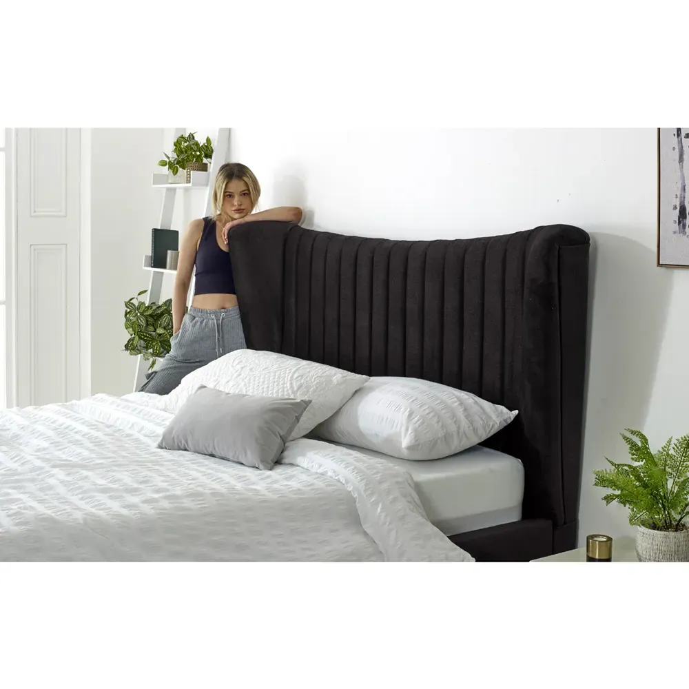 Tatum Single Bed Frame with Headboard - Black, Velvet