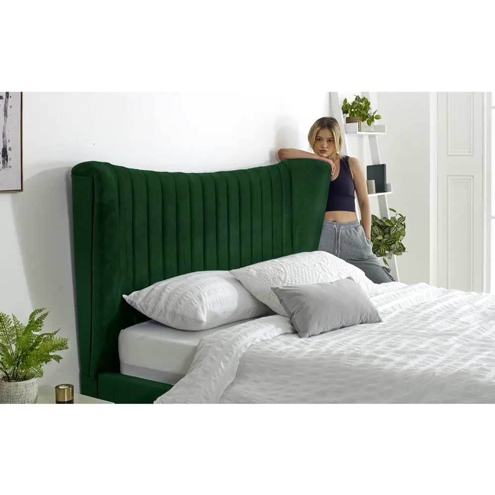 Tatum Single Bed Frame with Headboard - Green, Velvet