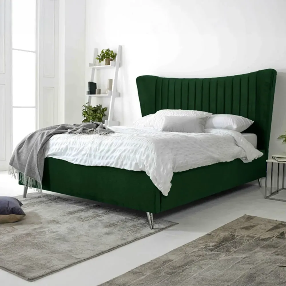 Tatum Single Bed Frame with Headboard - Green, Velvet