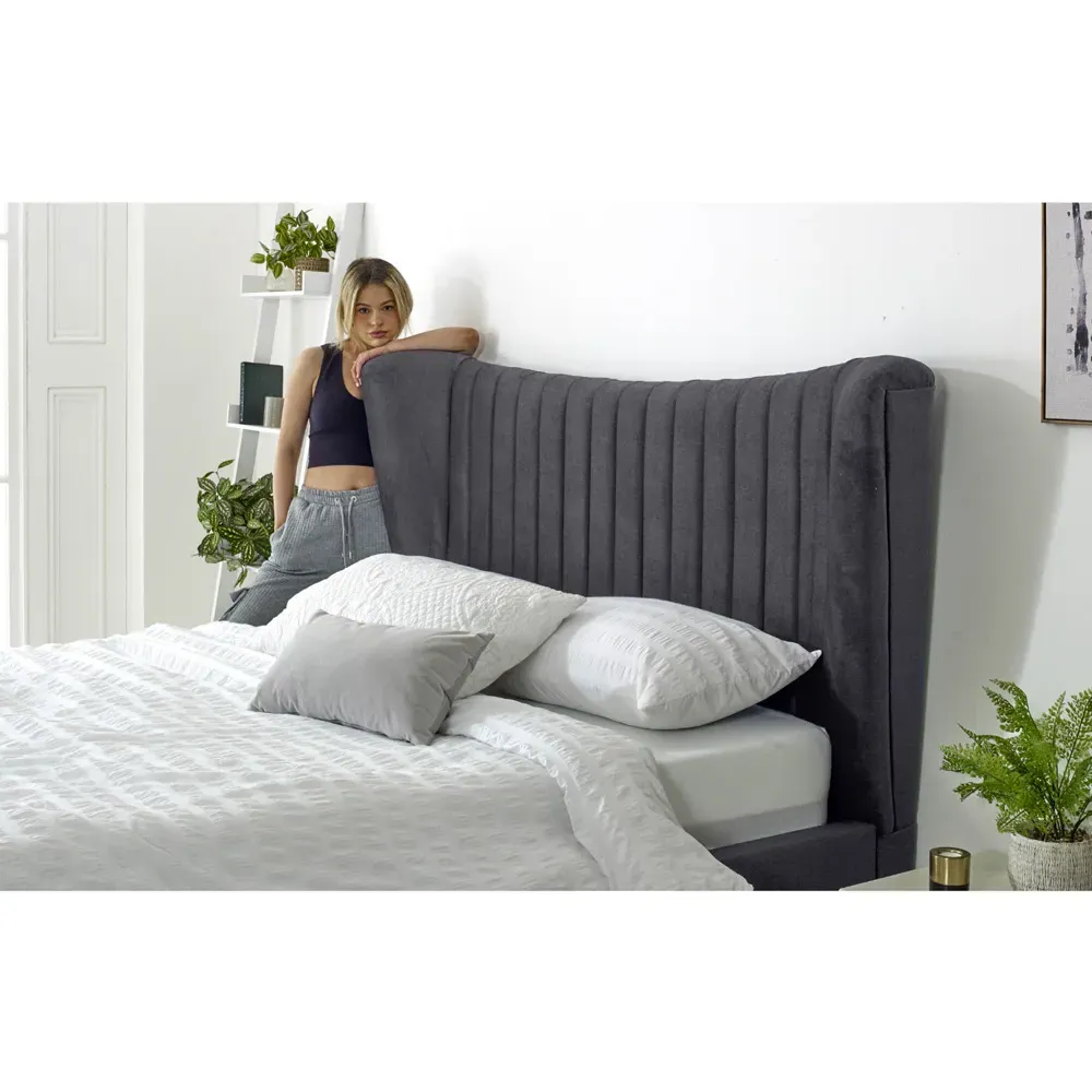 Tatum Single Bed Frame with Headboard - Steel, Velvet