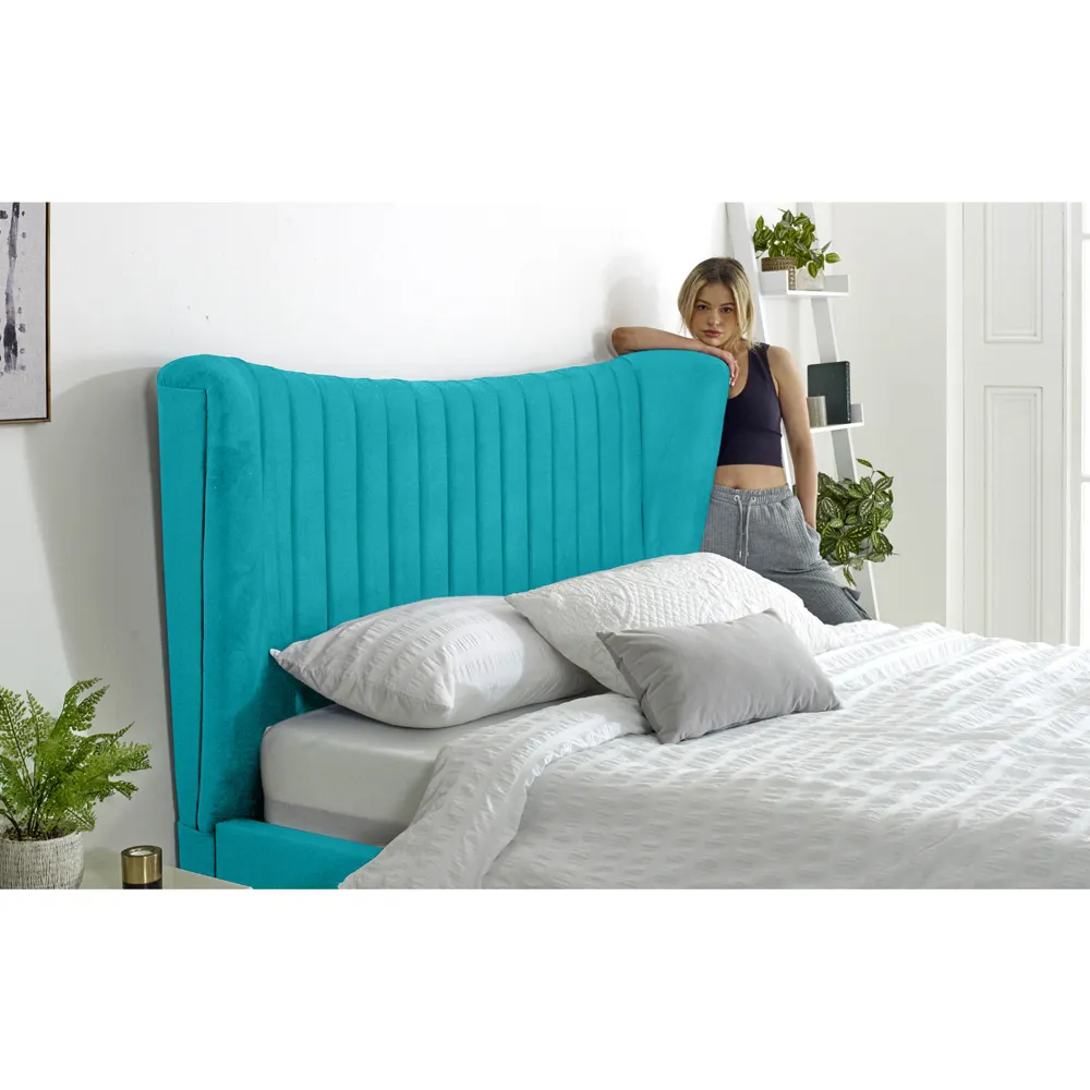 Tatum Small Double Bed Frame with Headboard - Blue, Velvet