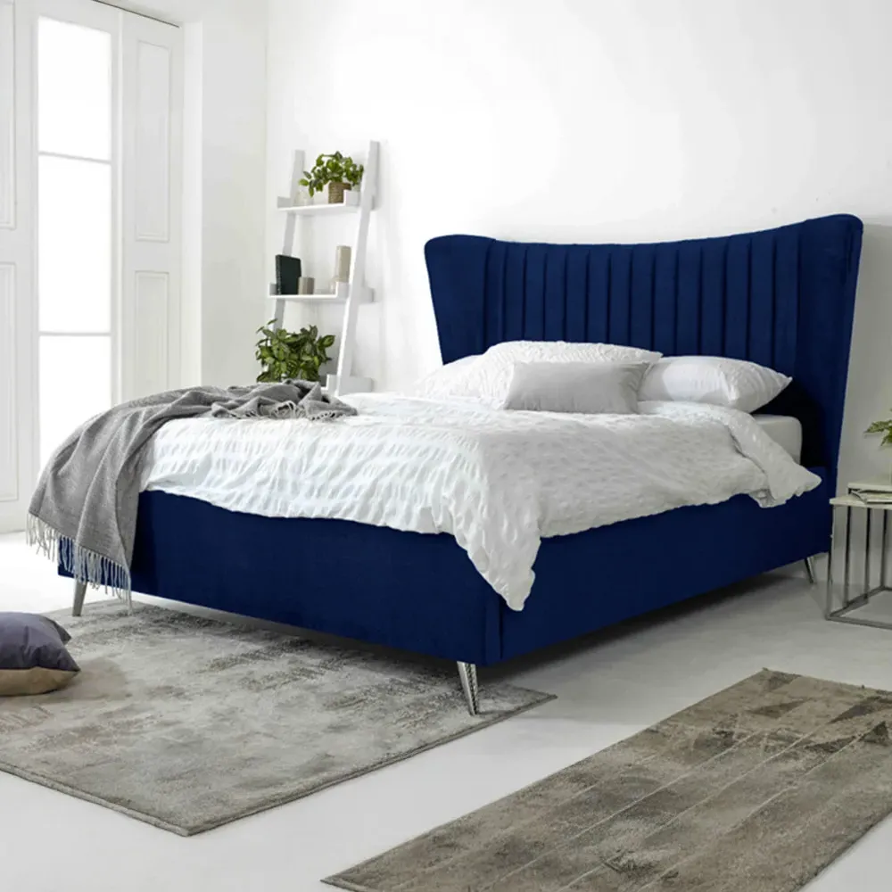 Tatum Small Double Bed Frame with Headboard - Blue, Velvet