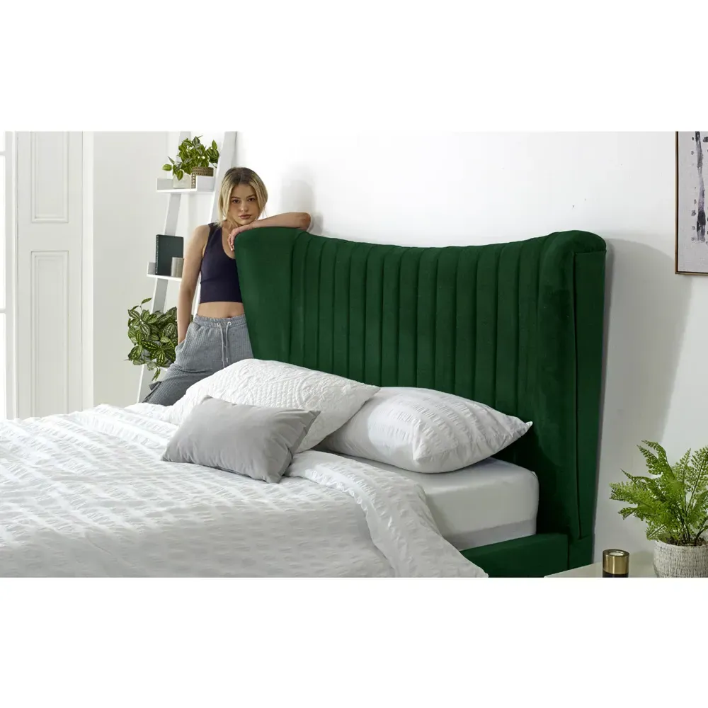 Tatum Small Double Bed Frame with Headboard - Green, Velvet