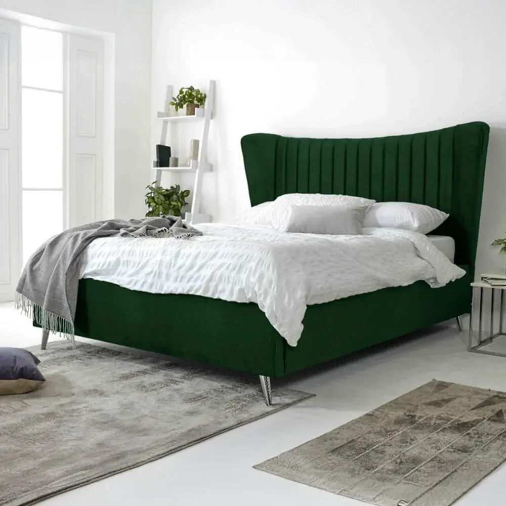 Tatum Small Double Bed Frame with Headboard - Green, Velvet