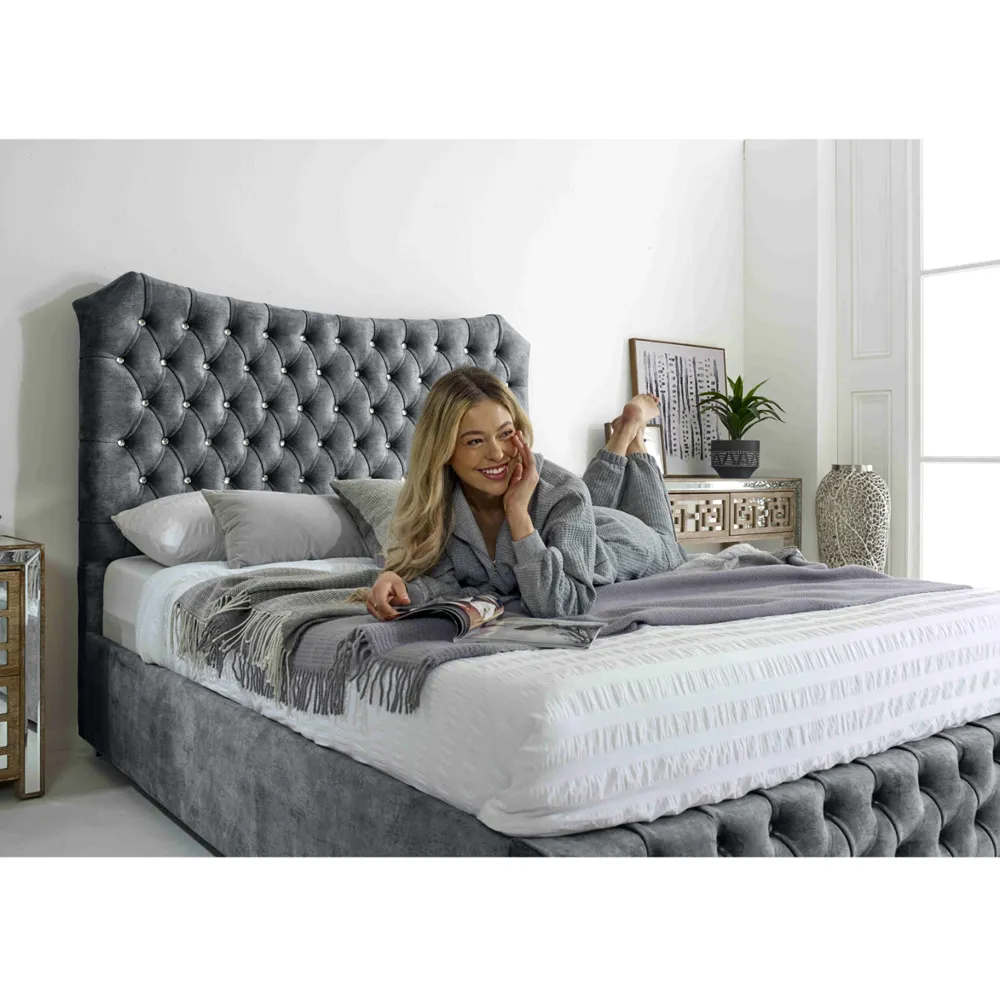 Valentino King Size Bed Frame with Chesterfield Headboard - Silver