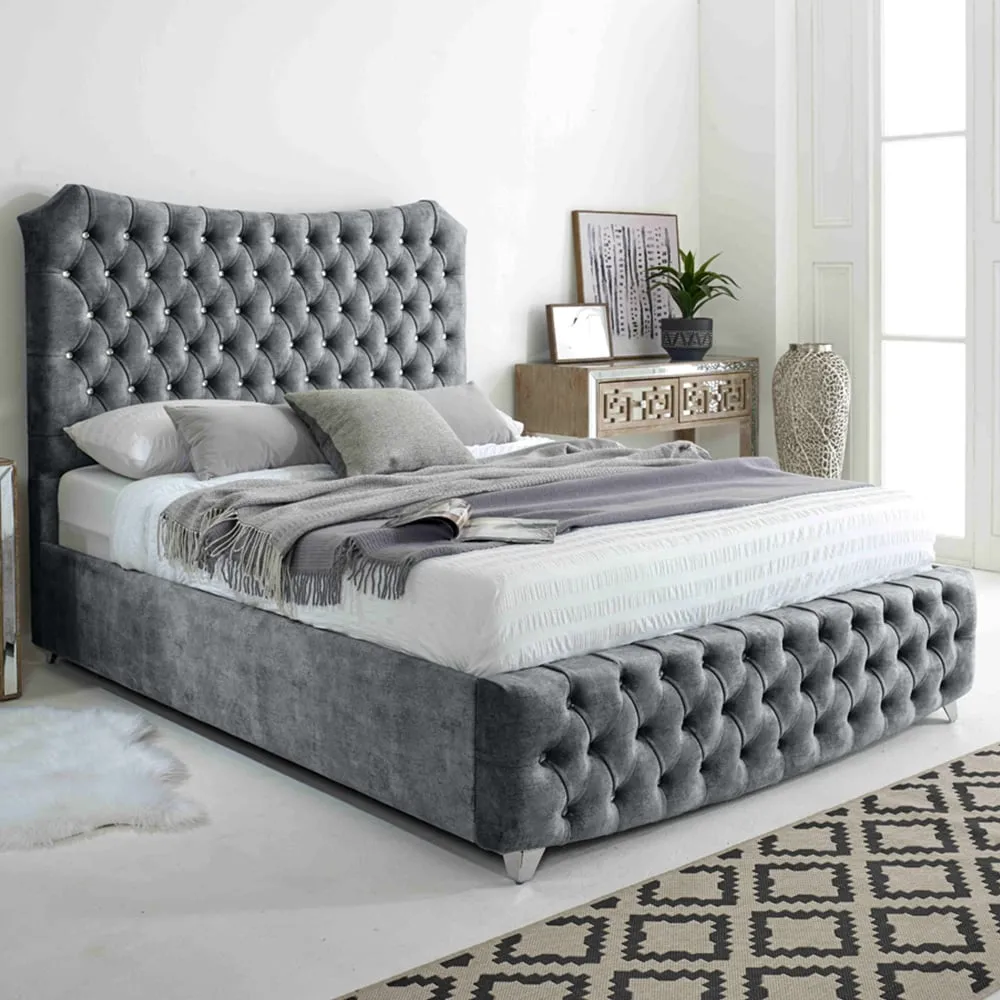 Valentino Small Double Bed Frame with Chesterfield Headboard - Silver