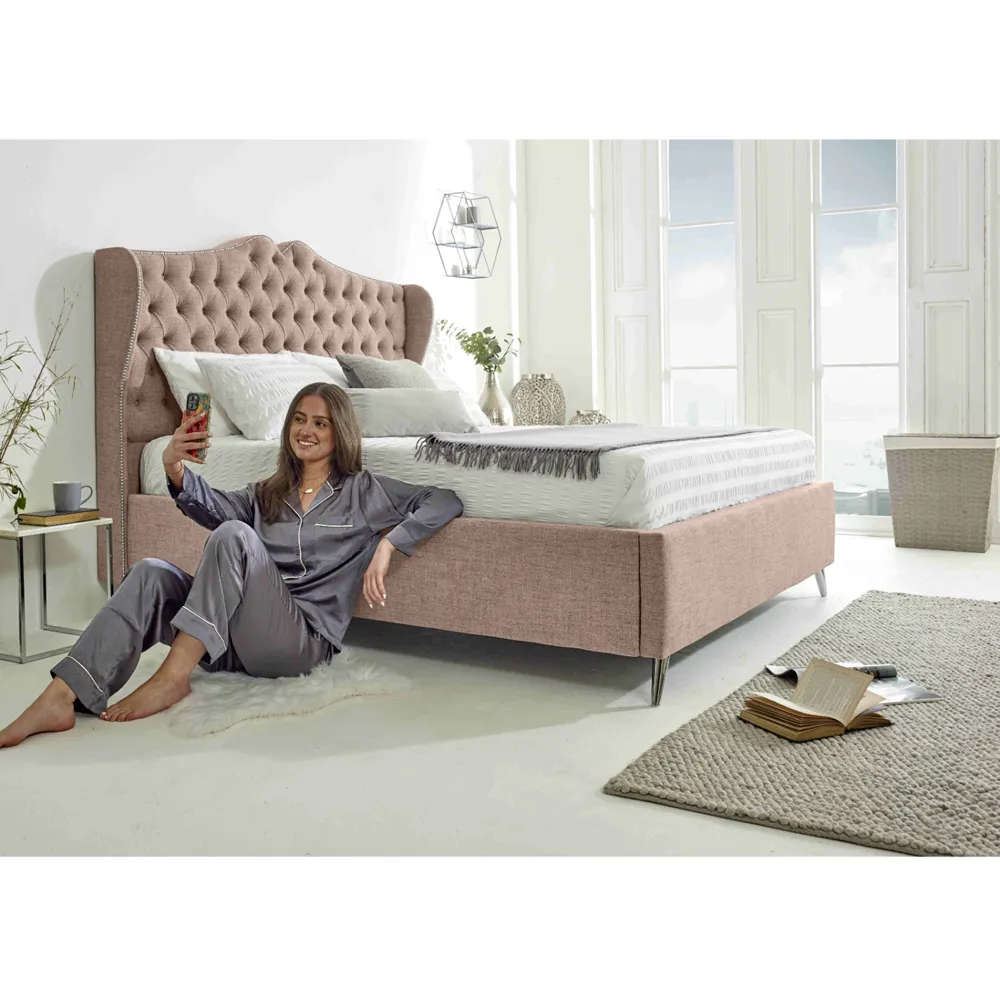 Vanessa King Size Bed Frame with Headboard - Cream, Fabric