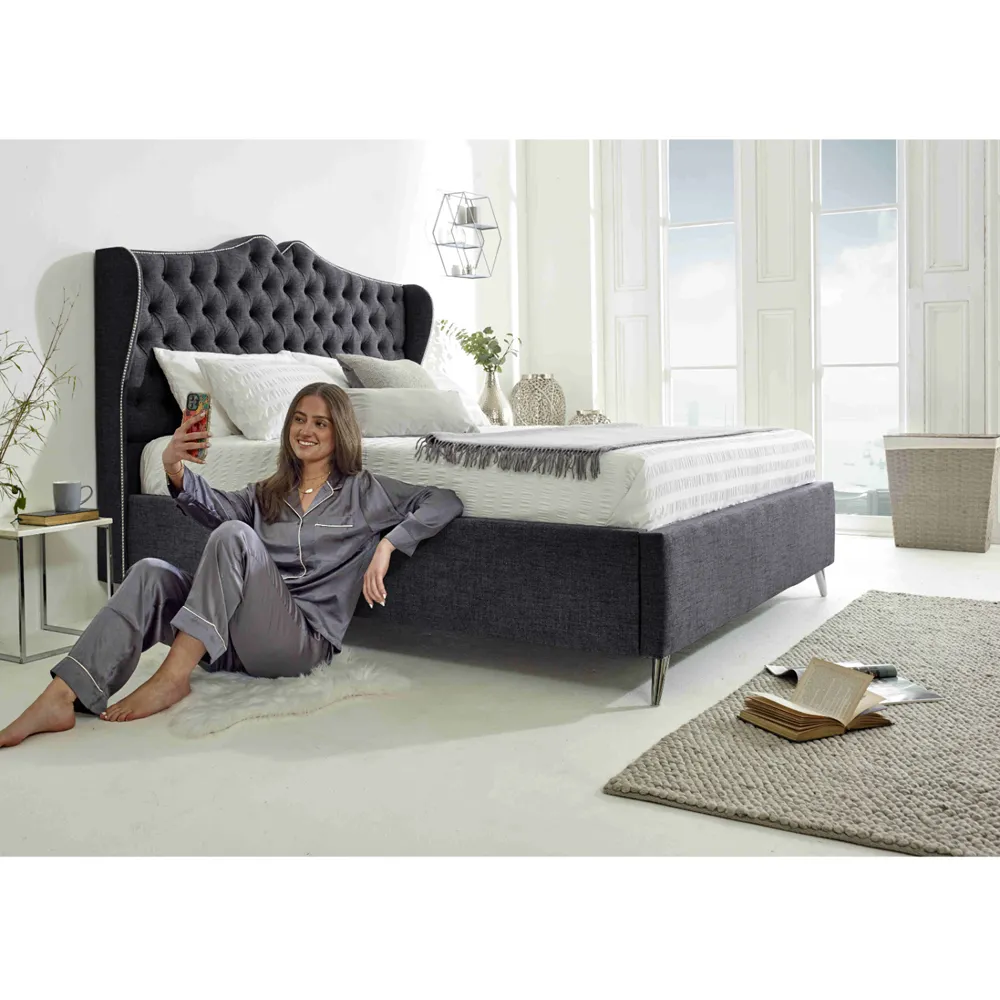 Vanessa Single Bed Frame with Headboard - Grey, Fabric
