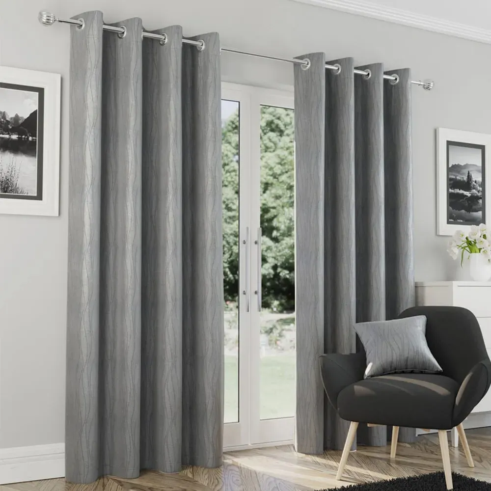 Goodwood Embossed Wave Thermal Eyelet Curtains - Silver