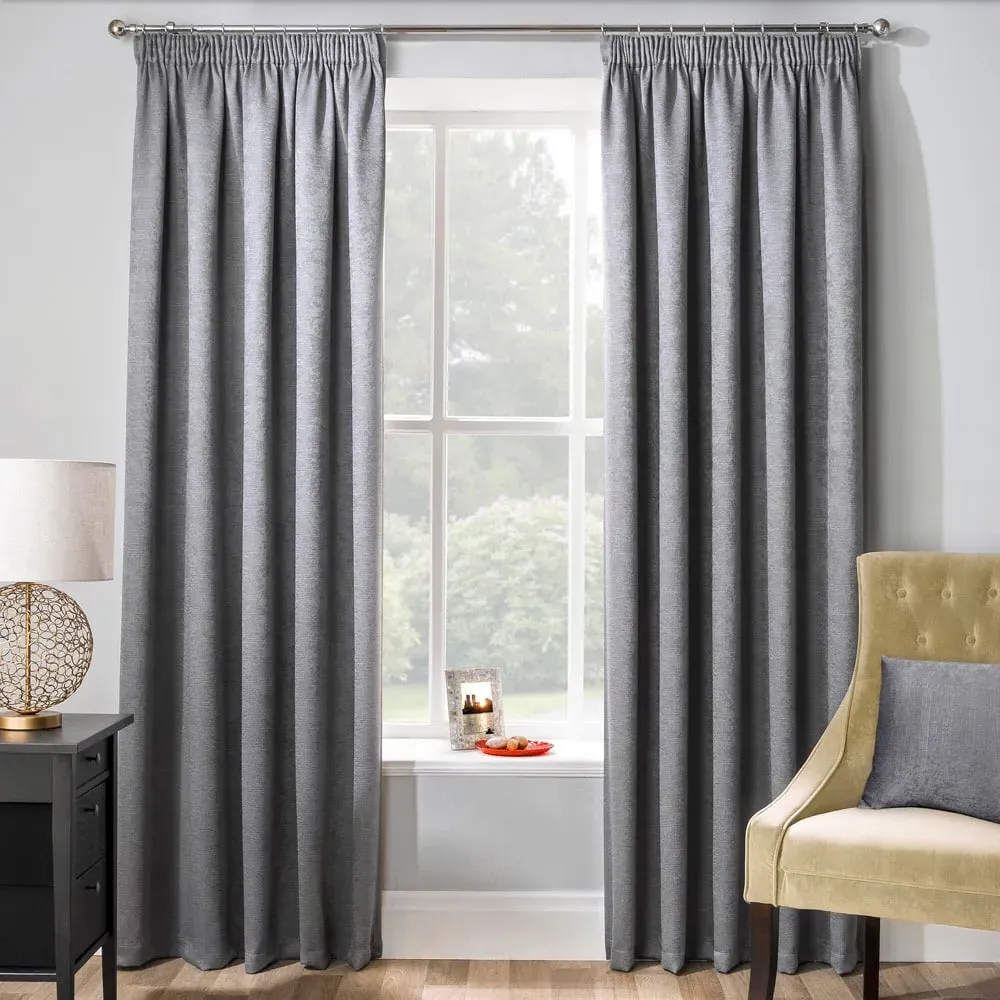 Matrix Thermal Pencil Pleat Curtains - Grey, Polyester