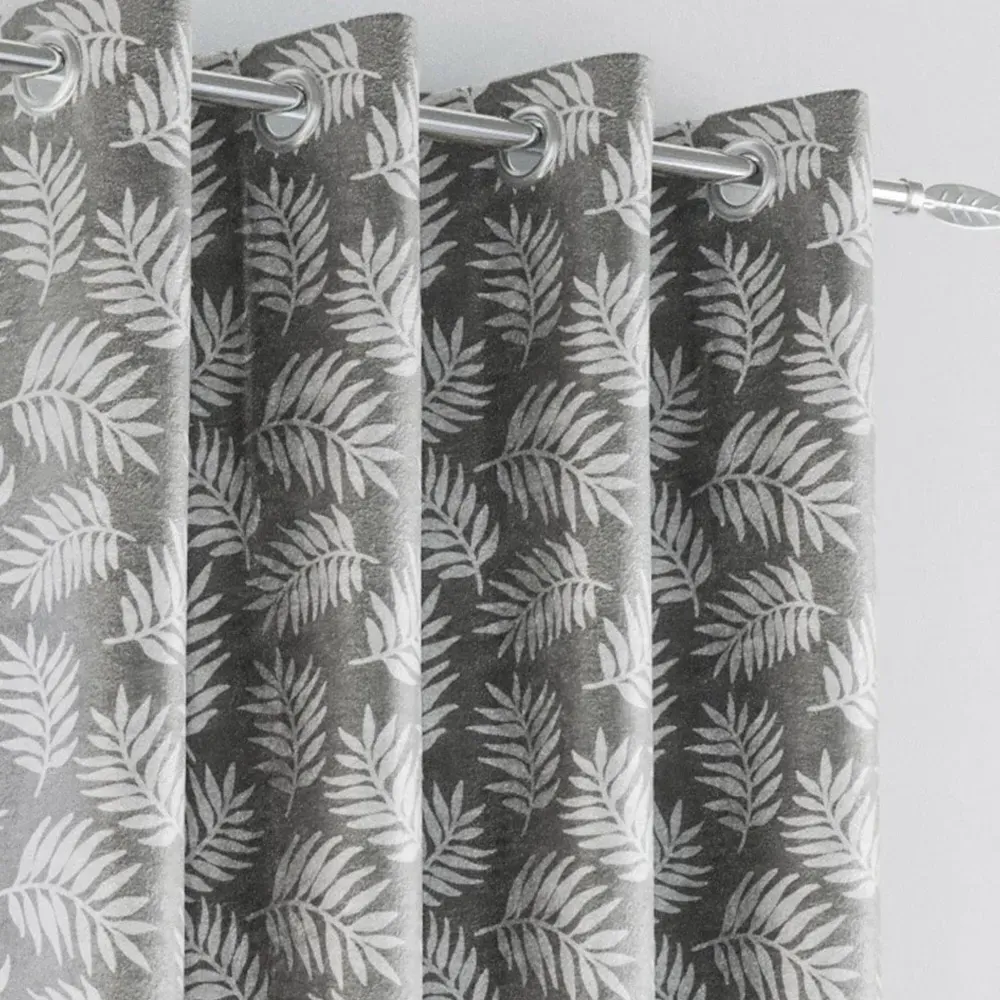 Oakland Leaf Print Blackout Eyelet Thermal Curtains - Grey