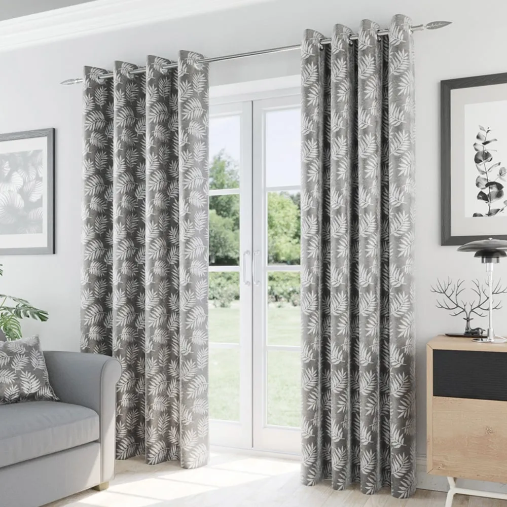 Oakland Leaf Print Blackout Eyelet Thermal Curtains - Grey