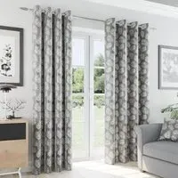 Oakland Leaf Print Blackout Eyelet Thermal Curtains - Grey
