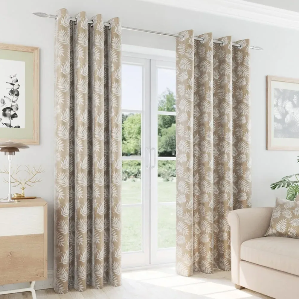 Oakland Leaf Print Blackout Eyelet Thermal Curtains - Latte