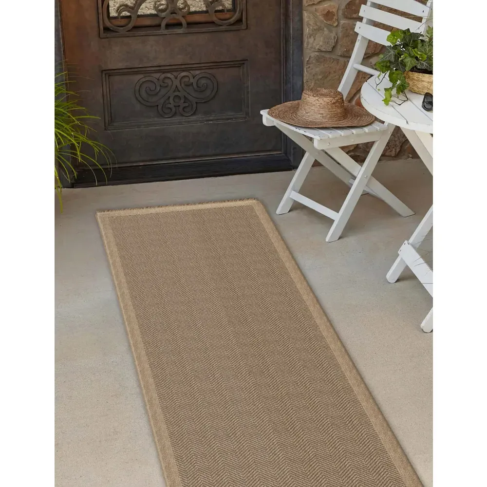 Jute Effect Herringbone Runner - Brown, Polypropylene