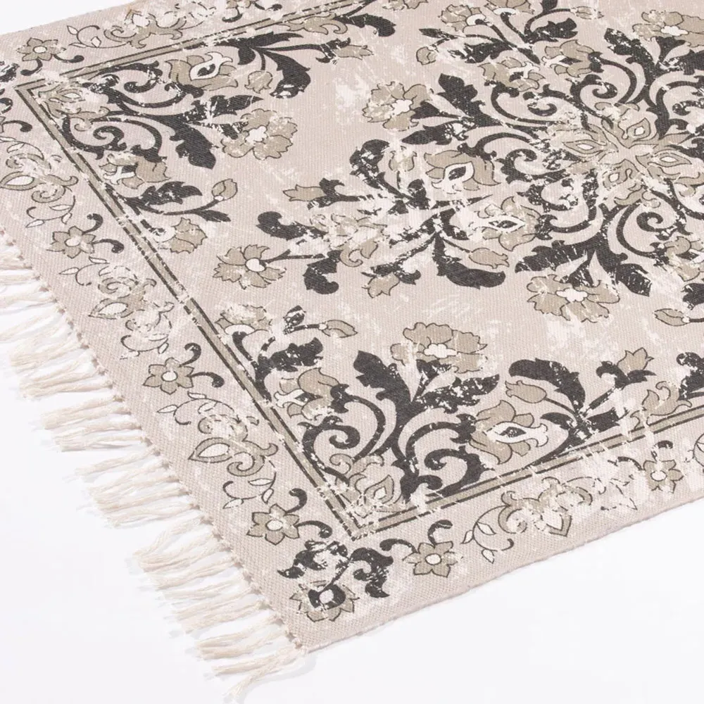 Kew Antique Print Rug with Tassel - Grey