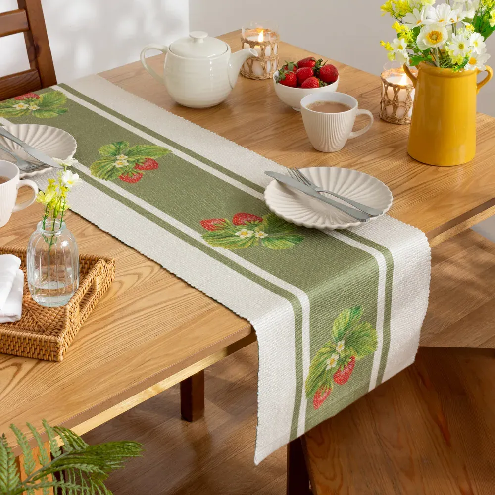 Strawberry Table Runner 230cm - Sage Green