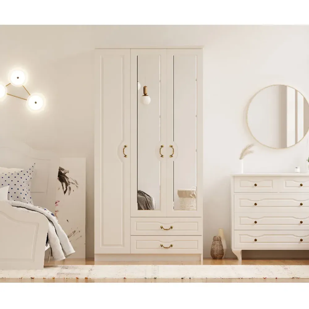 ANNE 3 Door Mirrored Wardrobe with Drawers - White