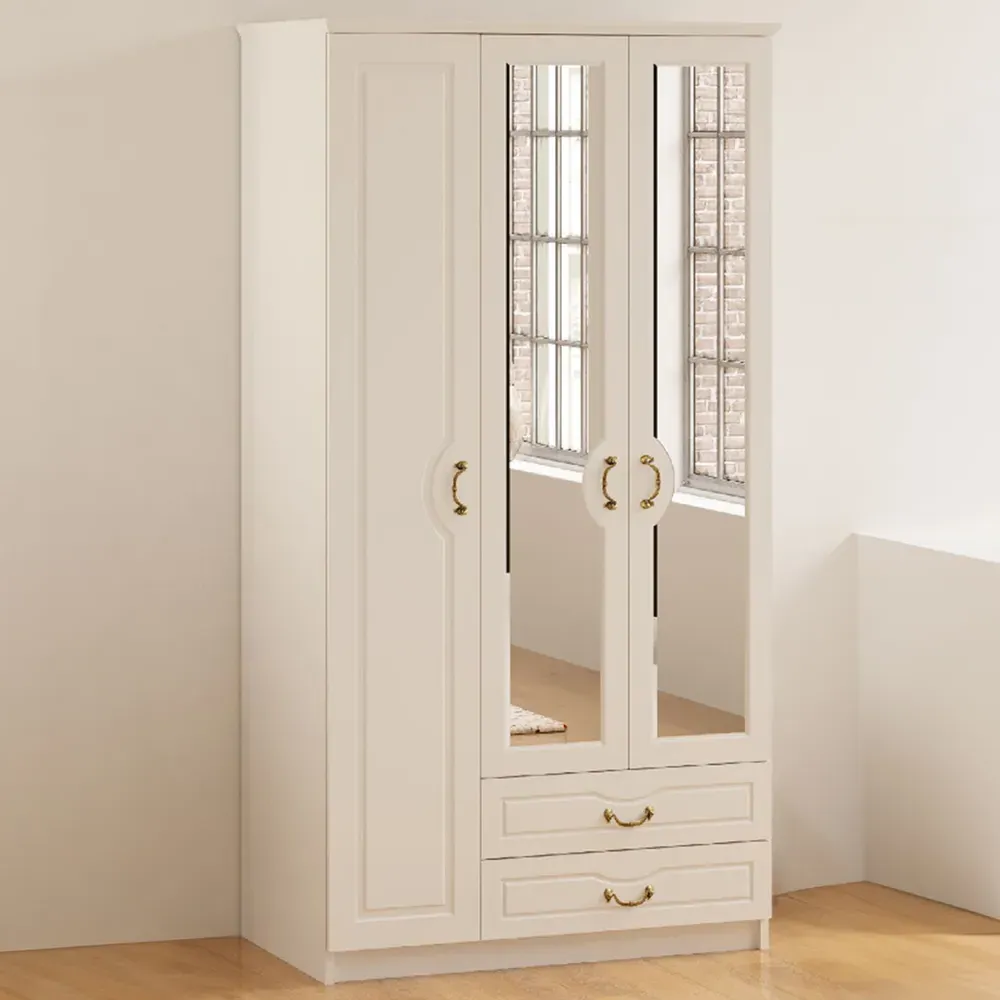 ANNE 3 Door Mirrored Wardrobe with Drawers - White