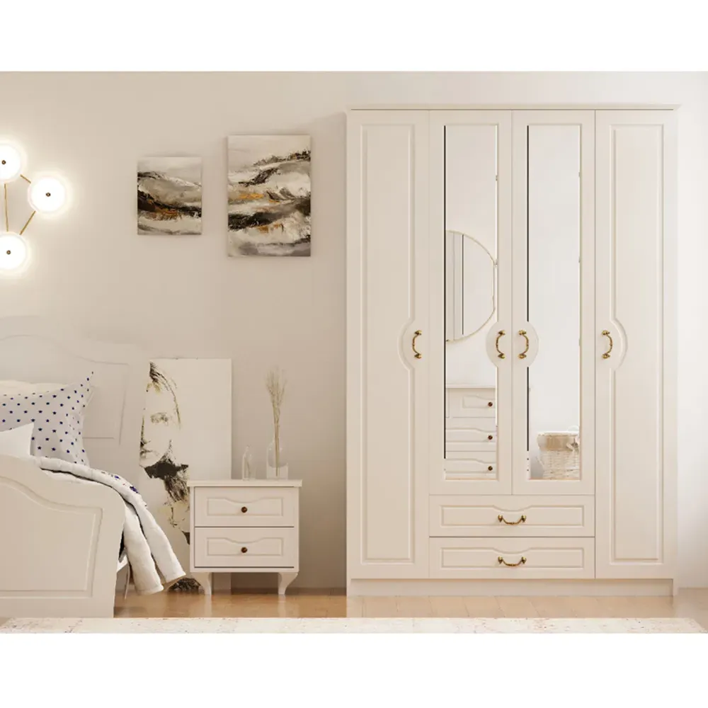 ANNE 4 Door 2 Drawer Mirror Wardrobe - White