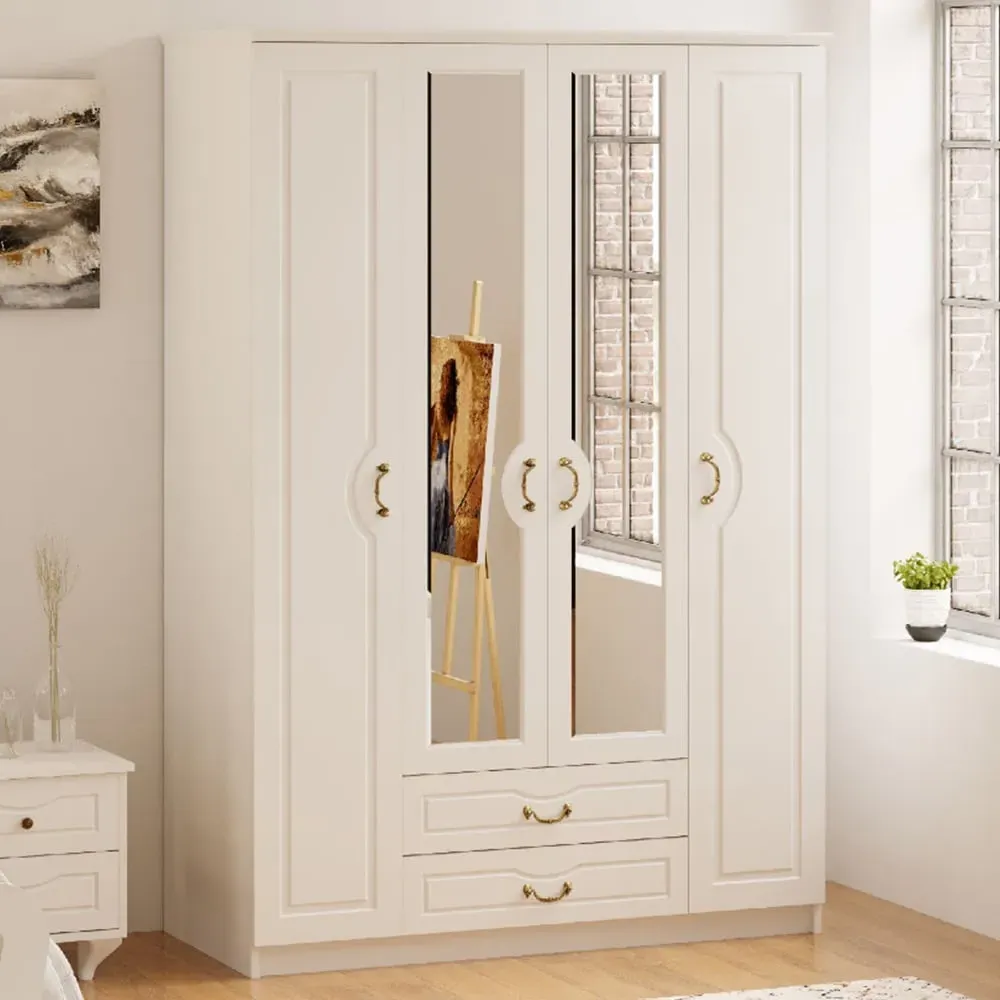 ANNE 4 Door 2 Drawer Mirror Wardrobe - White