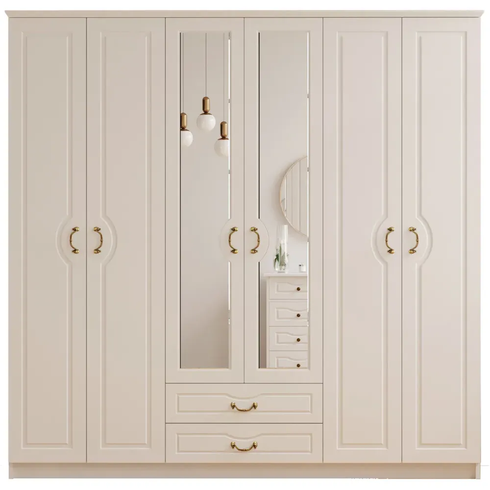 ANNE 6 Door 2 Drawer Wardrobe with Mirror - White