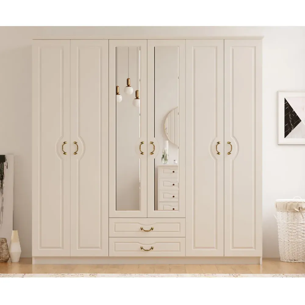 ANNE 6 Door 2 Drawer Wardrobe with Mirror - White