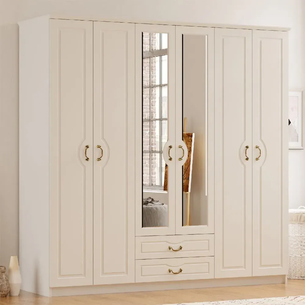 ANNE 6 Door 2 Drawer Wardrobe with Mirror - White image