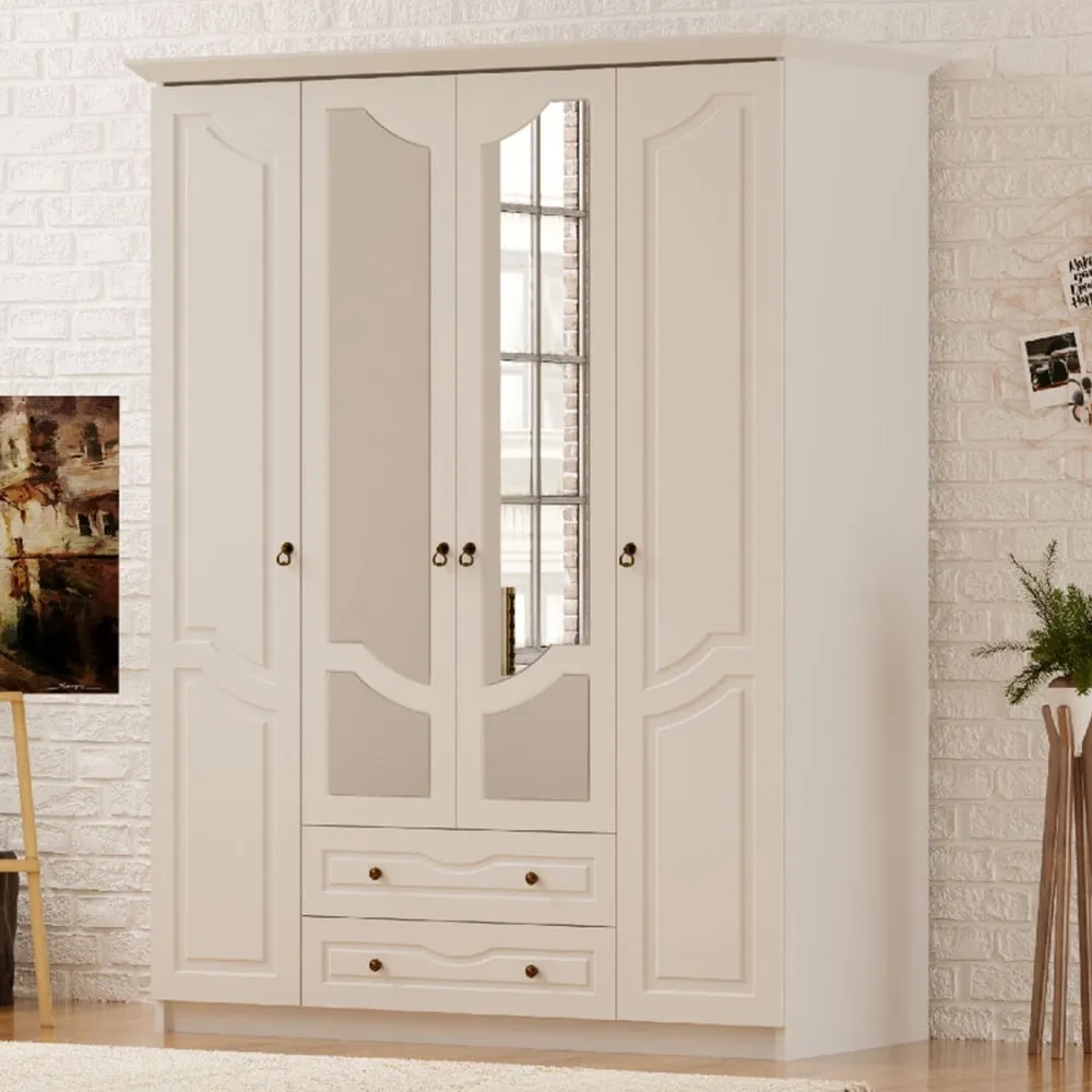 CHLOE 4 Door Mirrored Wardrobe with Storage - White