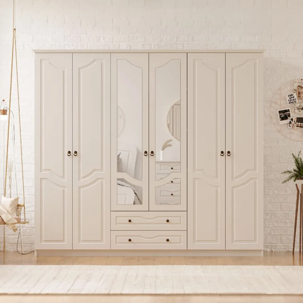 CHLOE 6 Door Mirrored Wardrobe with Storage - White