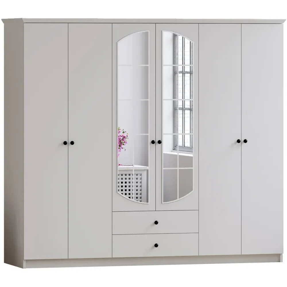 ECU 6 Door 2 Drawer Mirrored Wardrobe - White