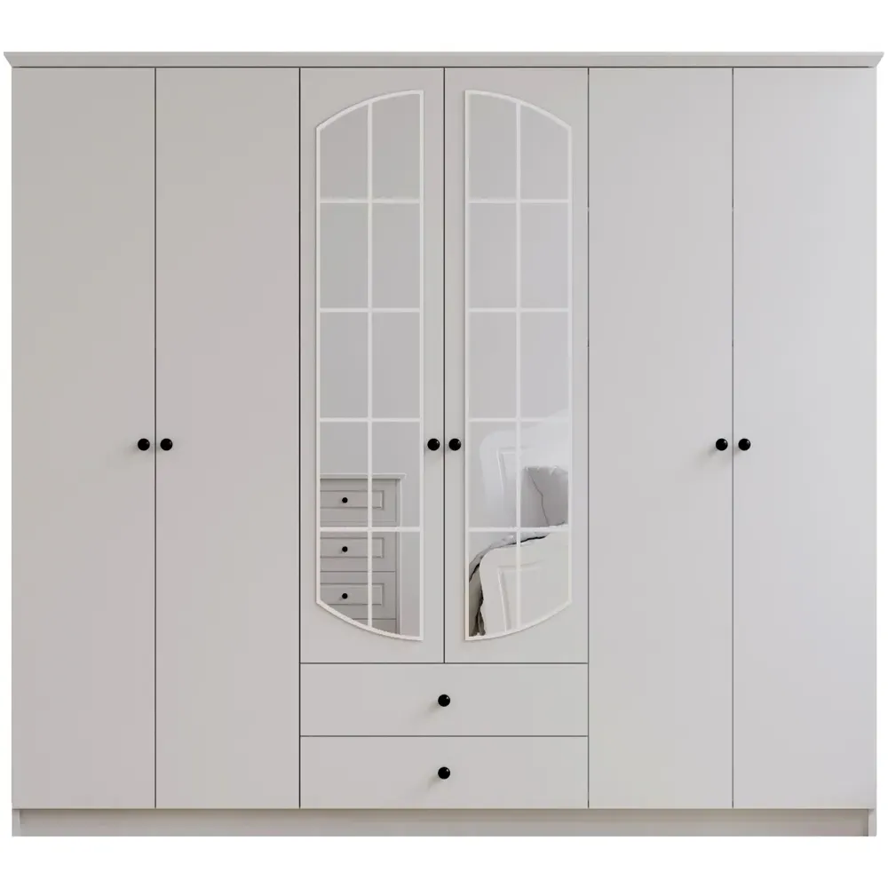 ECU 6 Door 2 Drawer Mirrored Wardrobe - White